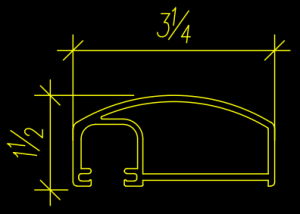 This technical drawing features a detailed cross-section with a curved top, showcasing specs: width
