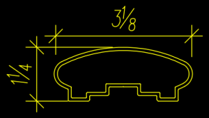 Yellow technical drawing showcasing specs of a cross-sectional profile, dimensions detailed as 3/8