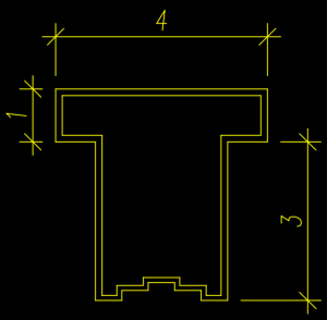 A technical drawing of a T-shaped object showcases specs like width 4, height 4, and a crossbar