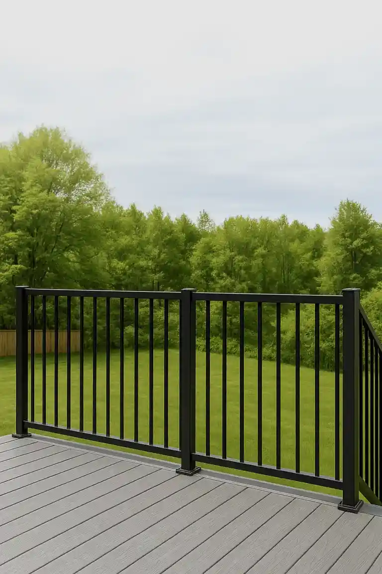 A black Modern Aluminum Railing on a gray deck in Langley overlooks a grassy yard and dense green