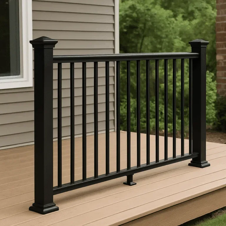 Customized black metal railings are installed on a wooden deck outside a house in Langley, featuring vertical bars and set against a backdrop of greenery and beige siding.