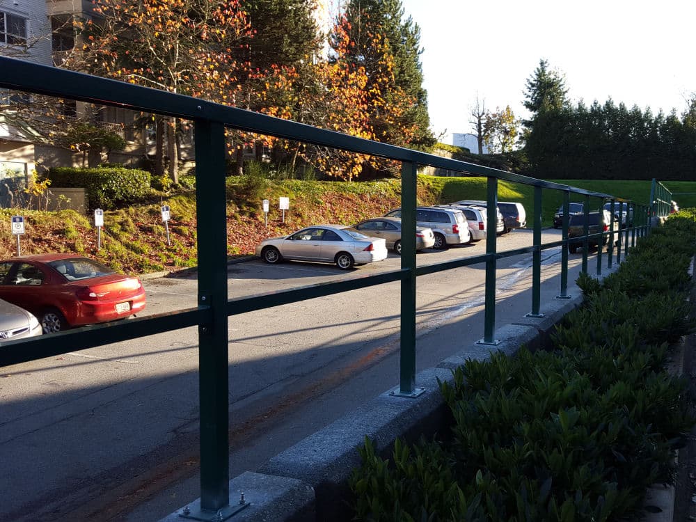 A row of parked cars seen through a metal railing on a sunny day, with trees and shrubbery in the background.