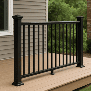 A black Baluster Railings Langley metal railing is installed on the edge of a light brown wooden deck outside a house with beige siding and a nearby window. Trees and a brick wall are visible in the background.