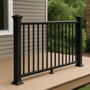 Customized black metal railings are installed on a wooden deck outside a house in Langley, featuring vertical bars and set against a backdrop of greenery and beige siding.