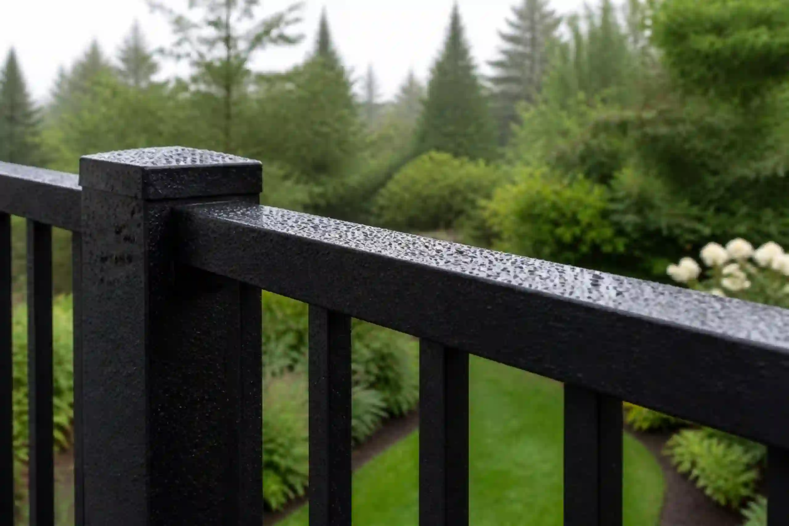 Close-up of a wet black powder-coated aluminum railing on a deck overlooking a green garden with trees and shrubs on a rainy day, highlighting the advantages of aluminum railings in providing durability and weather resistance even in damp conditions.