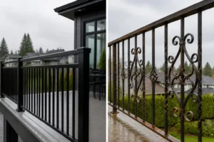 Side-by-side comparison of a modern black aluminum railing on the left and a rusted decorative wrought iron railing on the right, both outdoors with trees and houses in the background. This striking railing comparison highlights the difference in style and condition between contemporary aluminum railings and classic wrought iron railings.