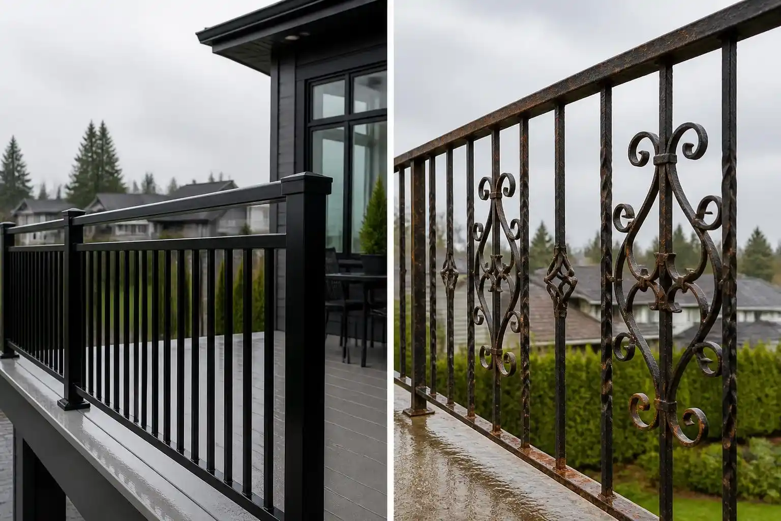 Side-by-side comparison of a modern black aluminum railing on the left and a rusted decorative wrought iron railing on the right, both outdoors with trees and houses in the background. This striking railing comparison highlights the difference in style and condition between contemporary aluminum railings and classic wrought iron railings.
