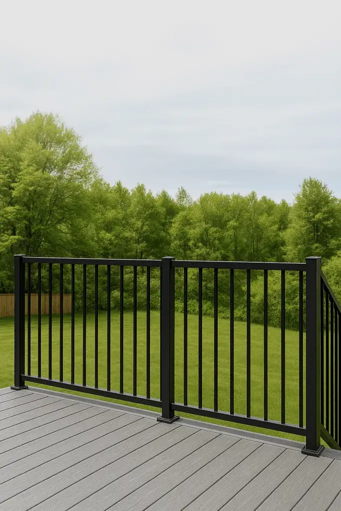 A black metal railing, crafted by Metal Railings Abbotsford, lines the edge of a gray deck, overlooking a green lawn and trees under a cloudy sky.