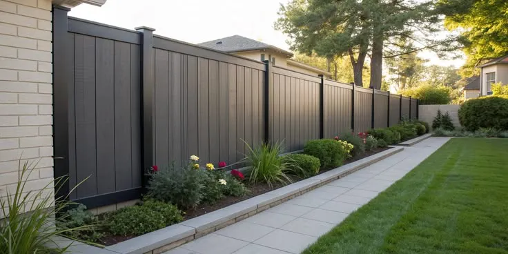 A modern dark aluminum fencing Abbotsford privacy fence runs along a landscaped backyard with shrubs, flowers, and a paved walkway next to a green lawn.