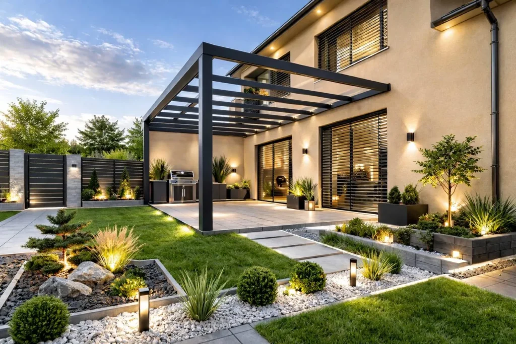Modern backyard with a pergola, patio, outdoor grill, landscaped garden, stone path, and accent lighting—expertly enhanced by Burnaby Custom Aluminum Fabrication—beside a two-story house at sunset.